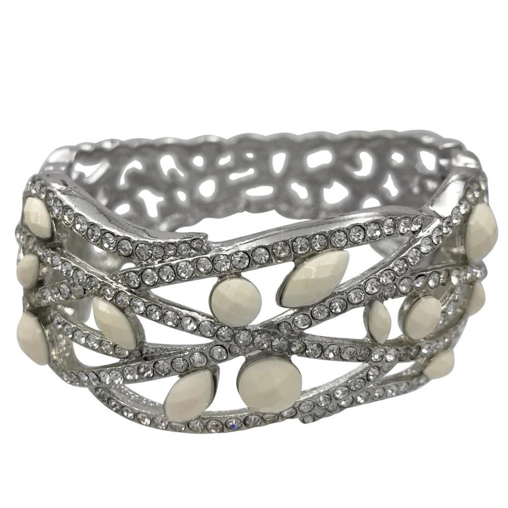 White Gem Clear Rhinestone Lines Open Chunky Statement Hinged Bangle Bracelet